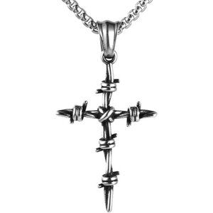 Silver Vintage Silver Nail Cross Punk Gothic Steel Barbed Wire Necklace 22+2